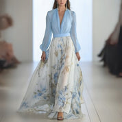 Abito Maxi Floreale Donna con Scollo a V e Vita Definita 0