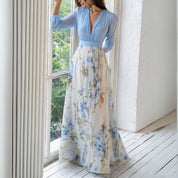 Abito Maxi Floreale Donna con Scollo a V e Vita Definita 1
