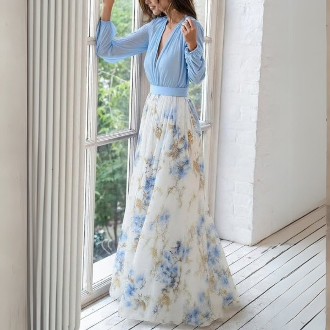 Abito Maxi Floreale Donna con Scollo a V e Vita Definita 2