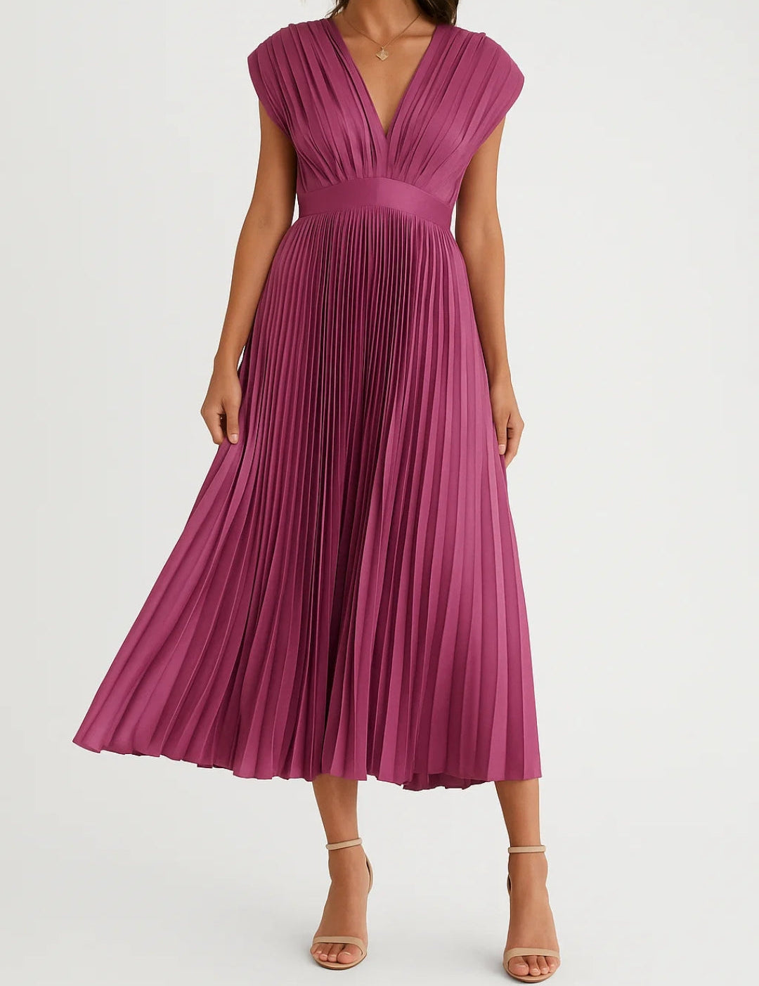 Abito Plissé Midi Elegante con Scollo a V e Vita Sottolineata 0