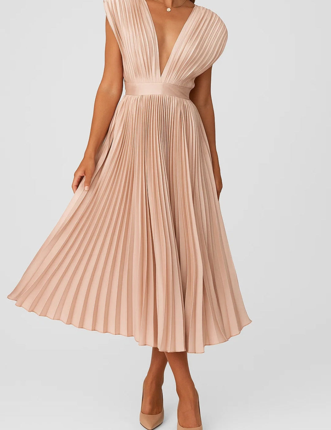 Abito Plissé Midi Elegante con Scollo a V e Vita Sottolineata 1