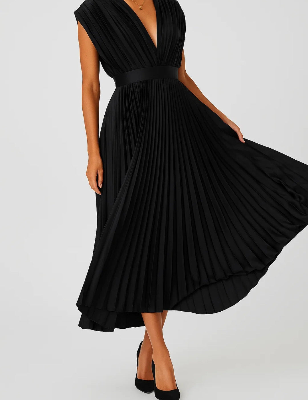 Abito Plissé Midi Elegante con Scollo a V e Vita Sottolineata 4