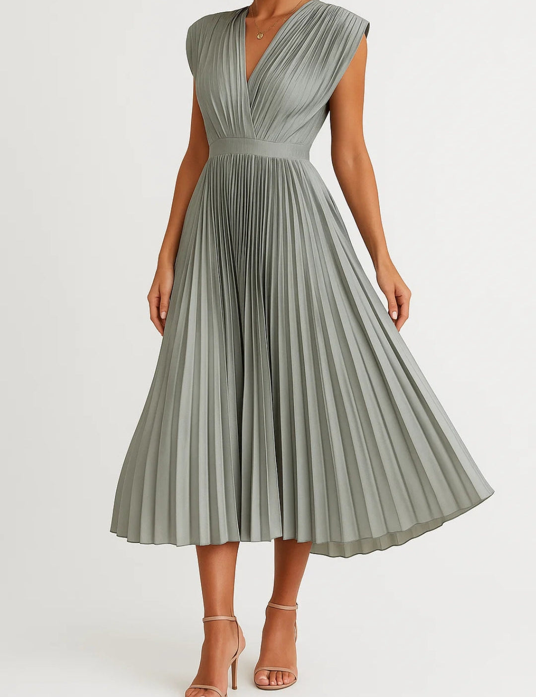 Abito Plissé Midi Elegante con Scollo a V e Vita Sottolineata 5