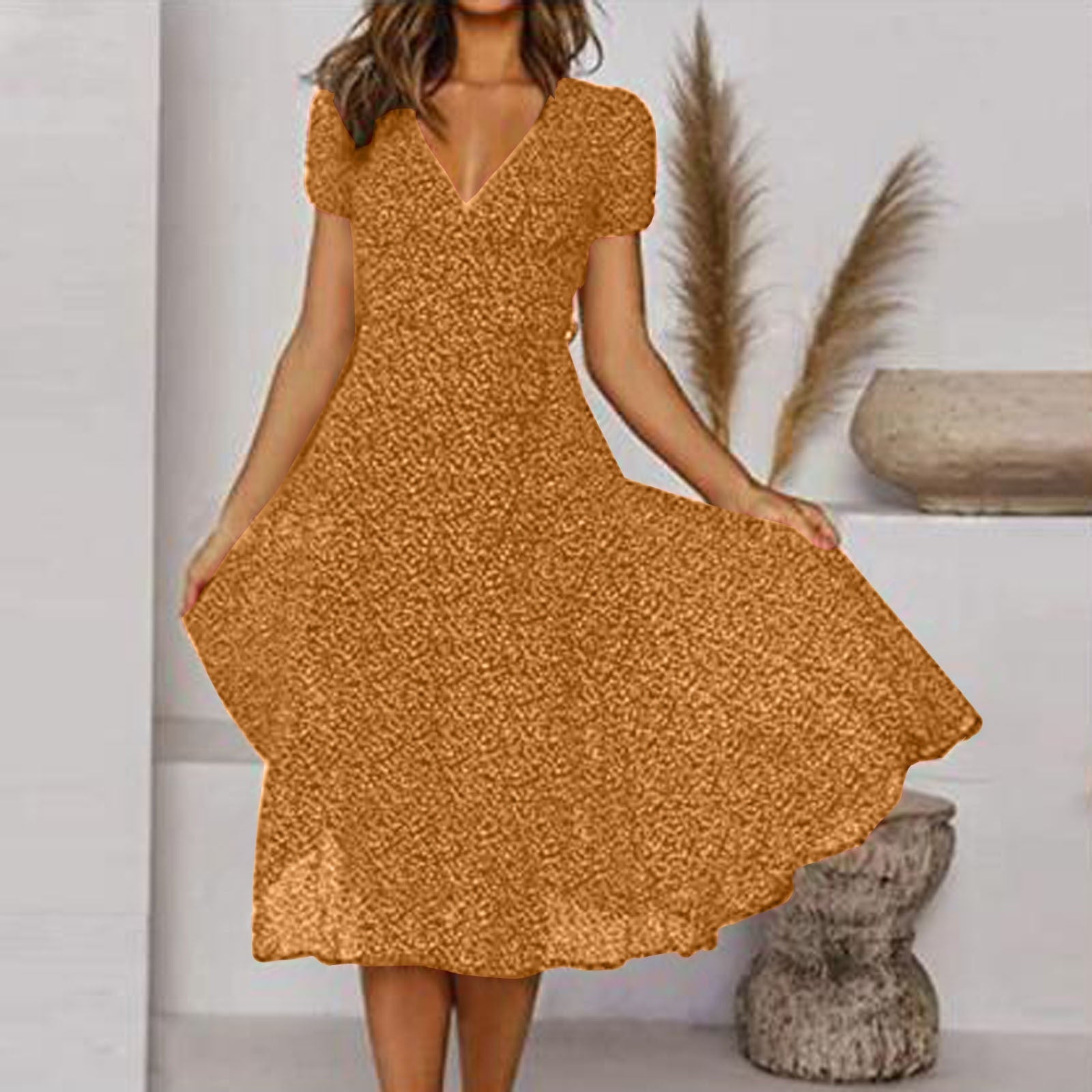 Abito a Linea con Scollo a V e Gonna Fluida per Donne - Elegante e Versatile 4