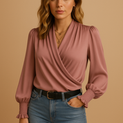 Blusa leggera con scollo a V e maniche a lanterna per donna | Evelien 2