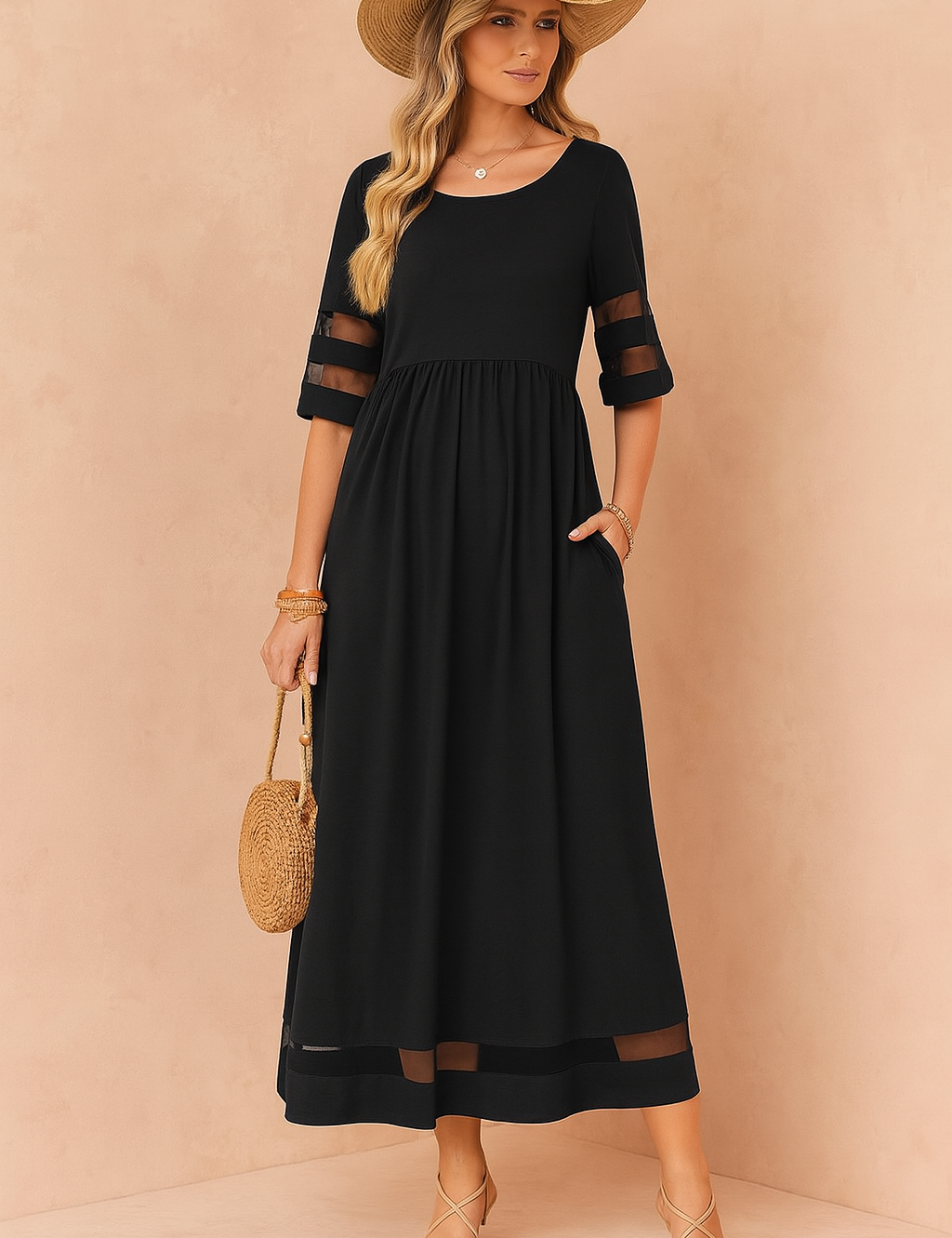 Abito Lungo Donna — Scollo Rotondo Elegante con Tasche