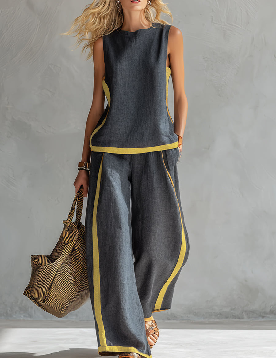 Completo Elegante Donna con Pantaloni a Gamba Ampia e Top Senza Maniche 0