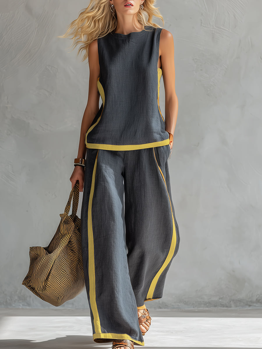 Completo Elegante Donna con Pantaloni a Gamba Ampia e Top Senza Maniche 0