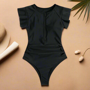 Costume Intero Donna — Stampa Tropicale con Zip Frontale e Maniche