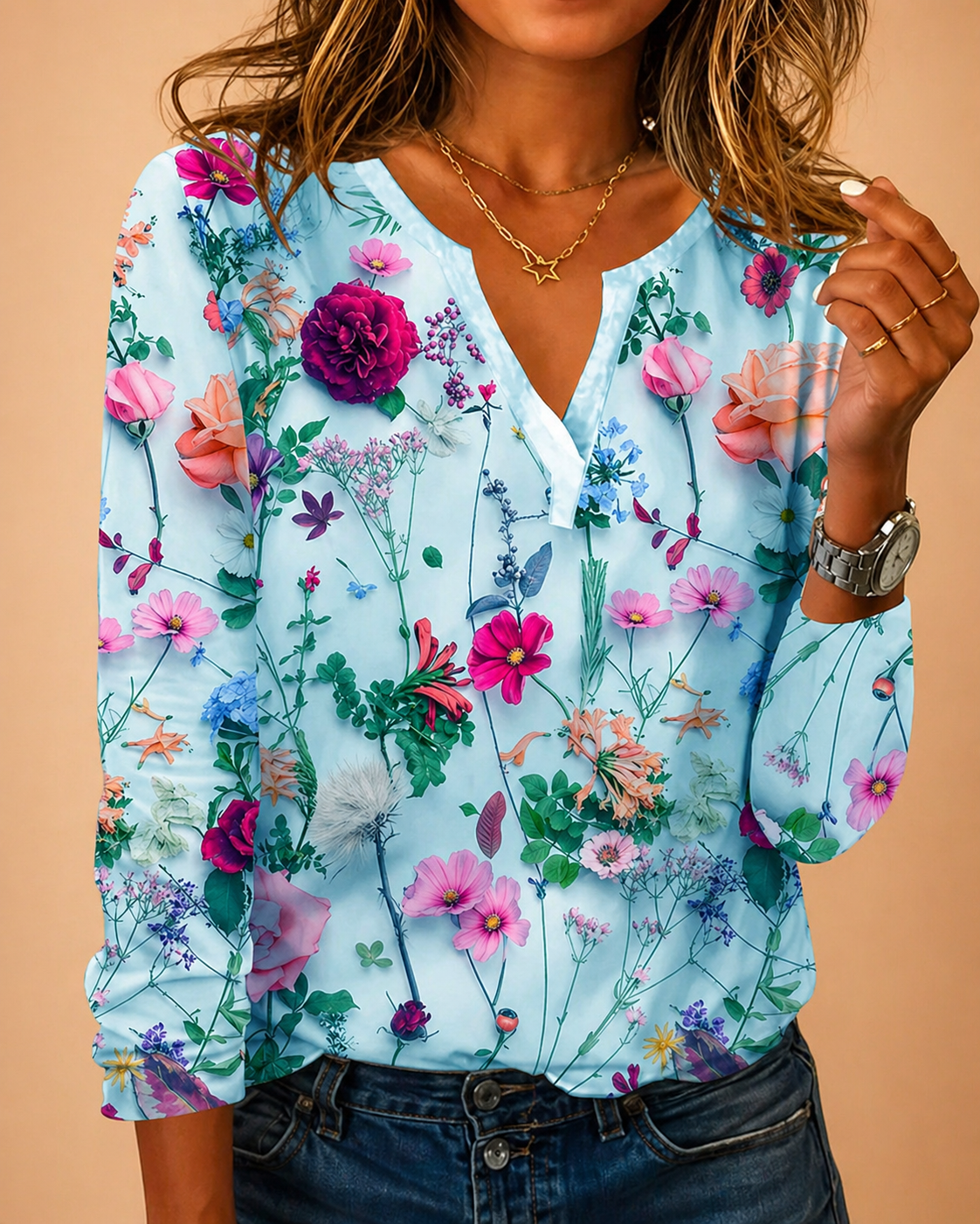 Blusa Floreale Donna — Scollo a V Maniche Lunghe Ariosa