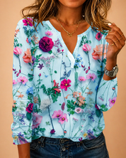 Blusa Floreale Donna — Scollo a V Maniche Lunghe Ariosa