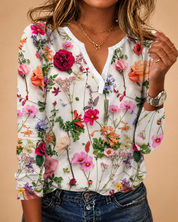 Blusa Floreale Donna — Scollo a V Maniche Lunghe Ariosa