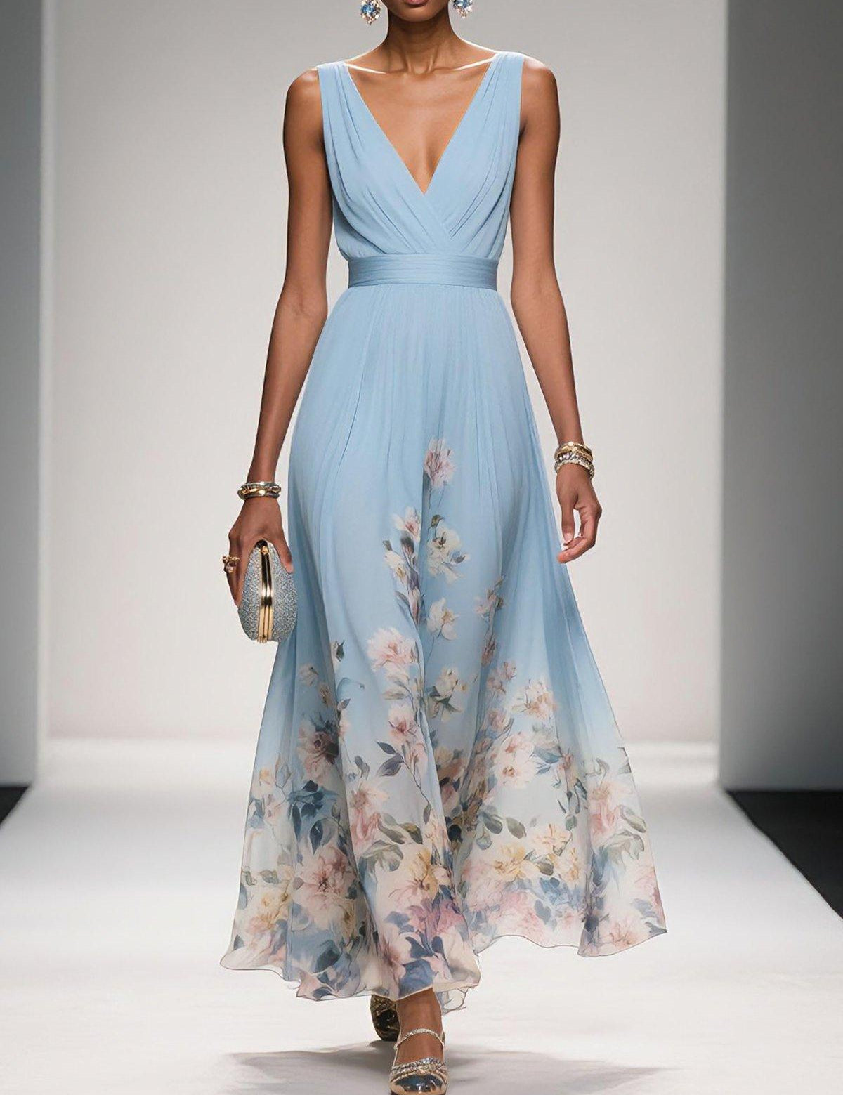 Maxi Dress Donna — Scollo V Stampa Floreale Linea A