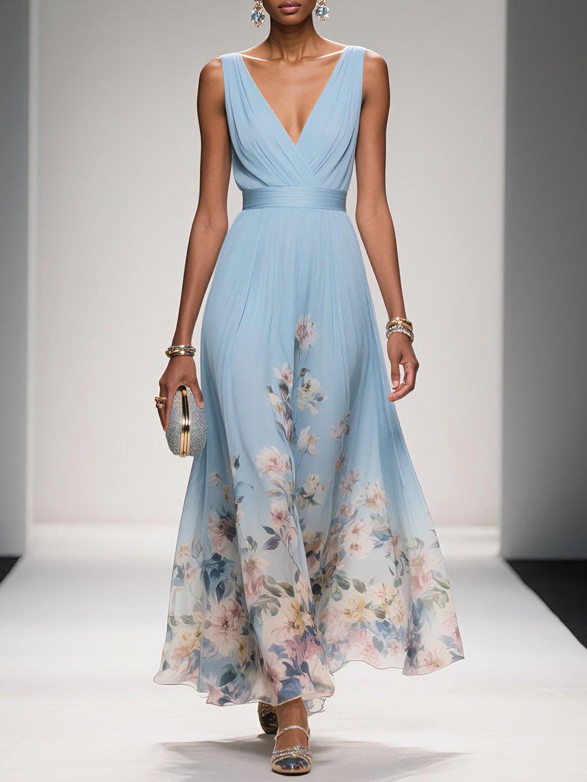 Maxi Dress Donna — Scollo V Stampa Floreale Linea A