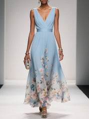 Maxi Dress Donna — Scollo V Stampa Floreale Linea A