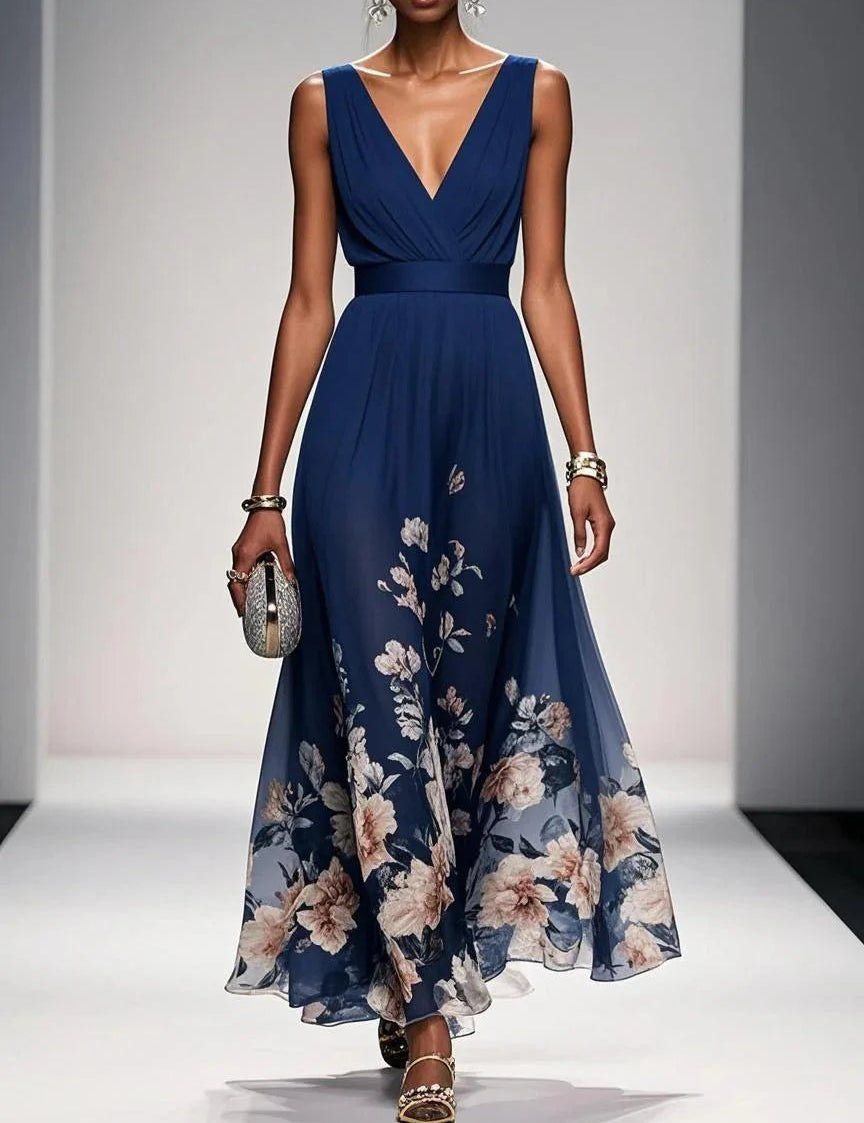 Maxi Abito Estivo Donna Scollo a V Stampa Floreale Elegante A-Line 1