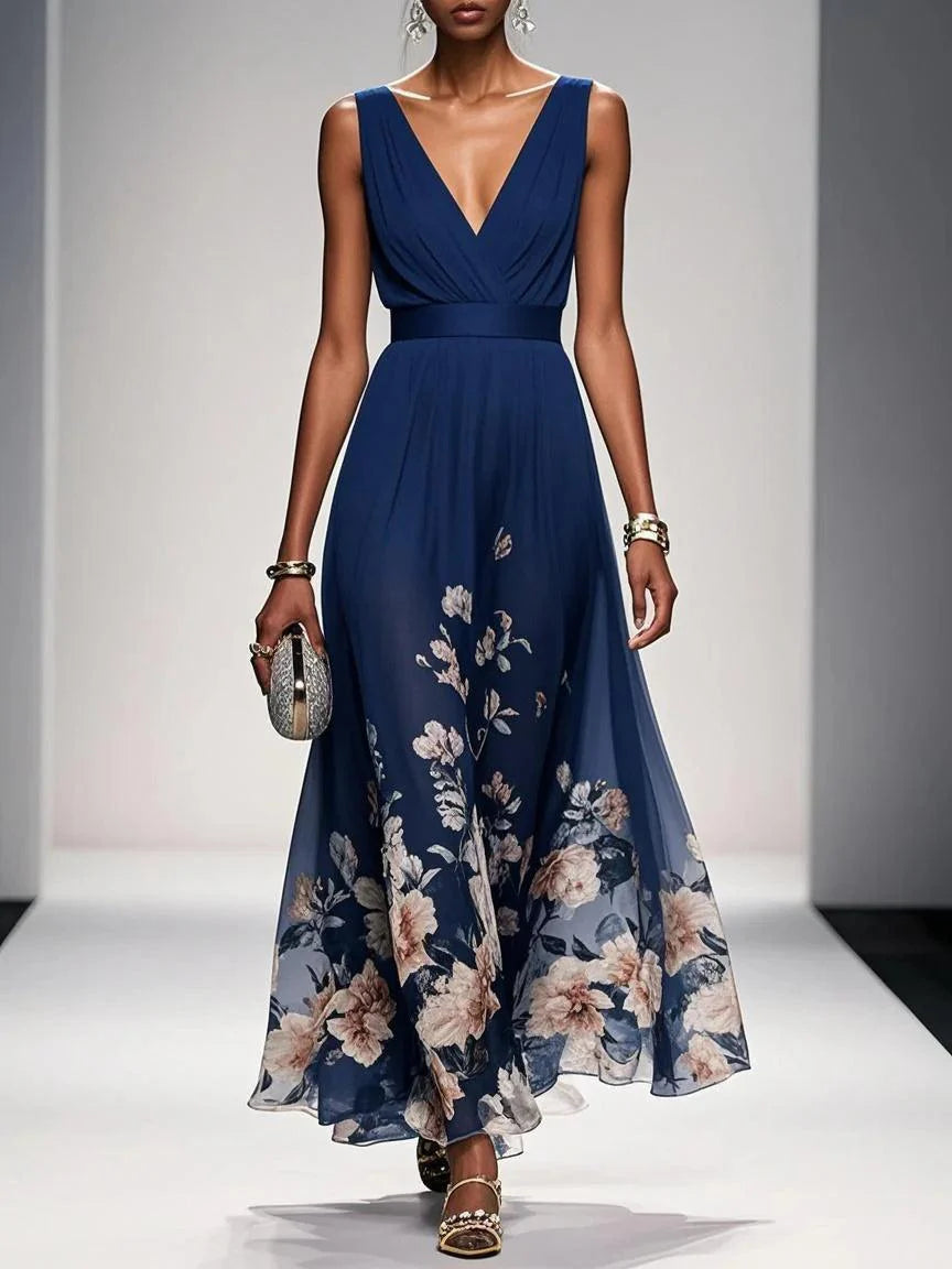 Maxi Abito Estivo Donna Scollo a V Stampa Floreale Elegante A-Line 1