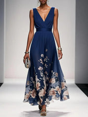 Maxi Abito Estivo Donna Scollo a V Stampa Floreale Elegante A-Line 1