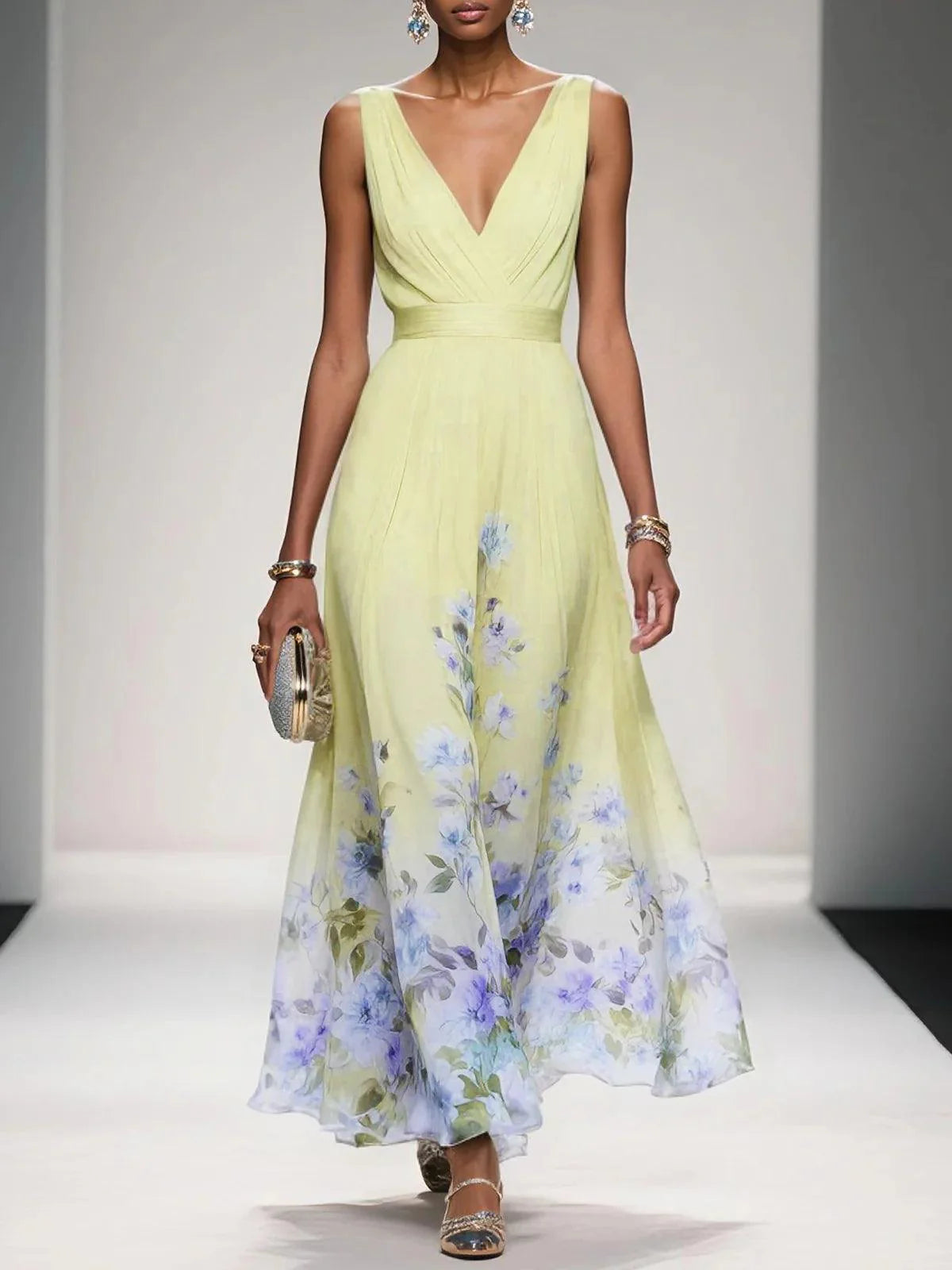 Maxi Abito Estivo Donna Scollo a V Stampa Floreale Elegante A-Line 2