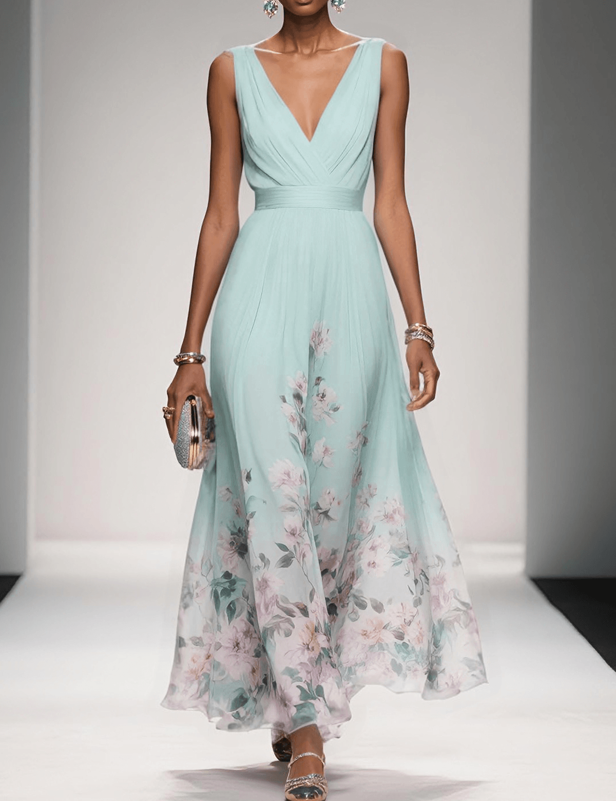 Maxi Abito Estivo Donna Scollo a V Stampa Floreale Elegante A-Line 3