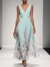 Maxi Abito Estivo Donna Scollo a V Stampa Floreale Elegante A-Line 3