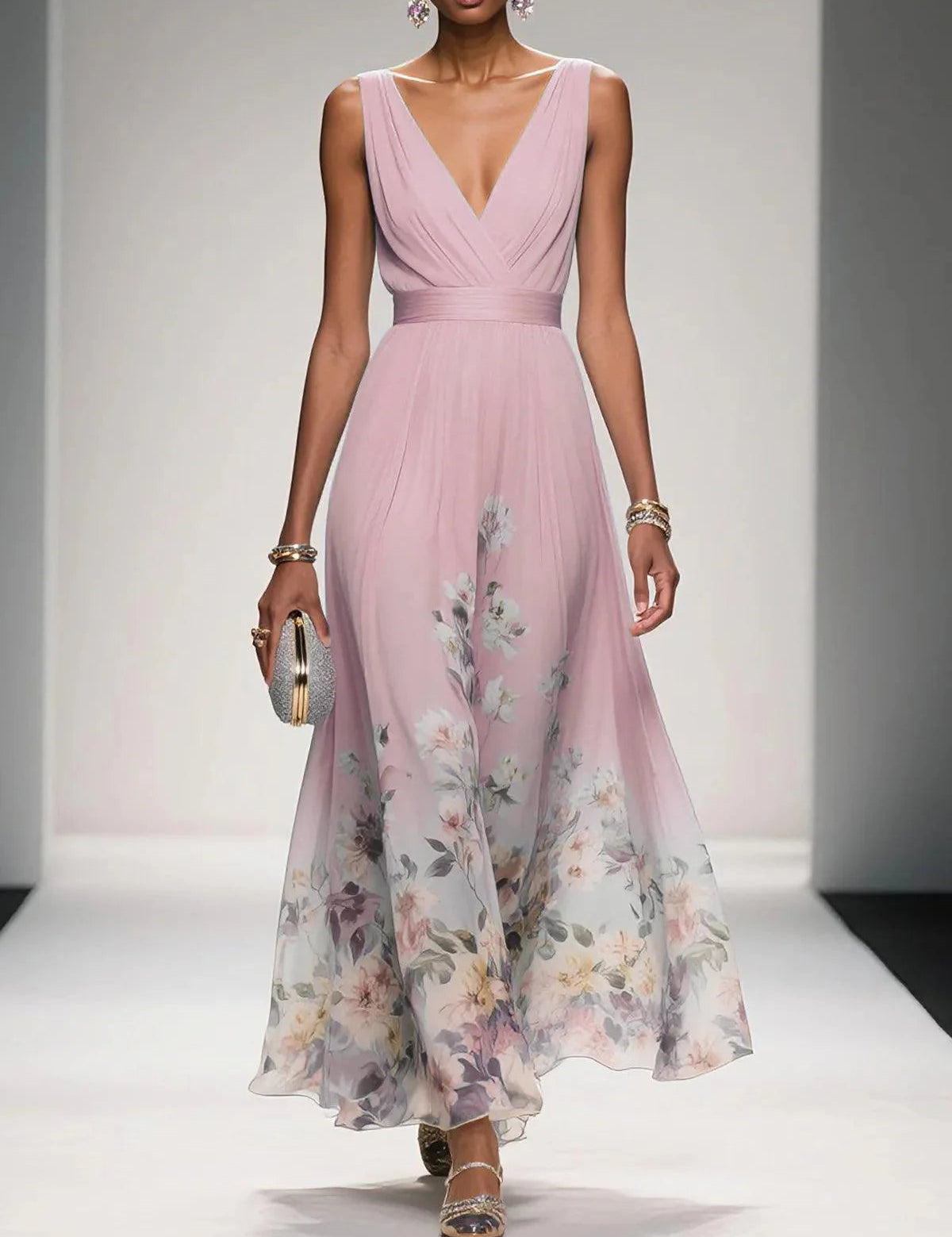 Maxi Abito Estivo Donna Scollo a V Stampa Floreale Elegante A-Line 4