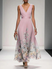 Maxi Abito Estivo Donna Scollo a V Stampa Floreale Elegante A-Line 4