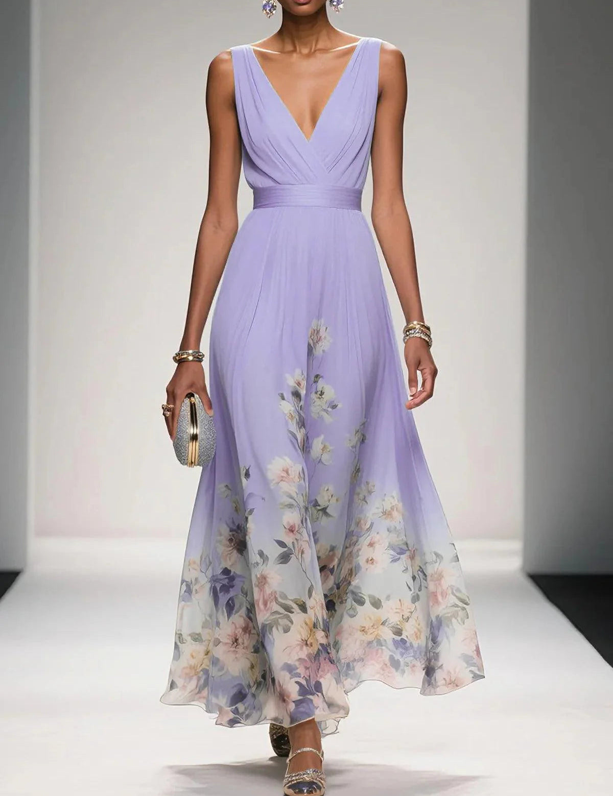 Maxi Abito Estivo Donna Scollo a V Stampa Floreale Elegante A-Line 5