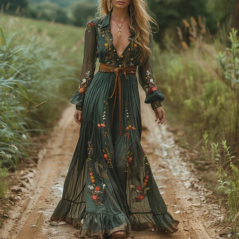 Maxi Abito Donna — Floreale Pieghe Boho Chic Estivo