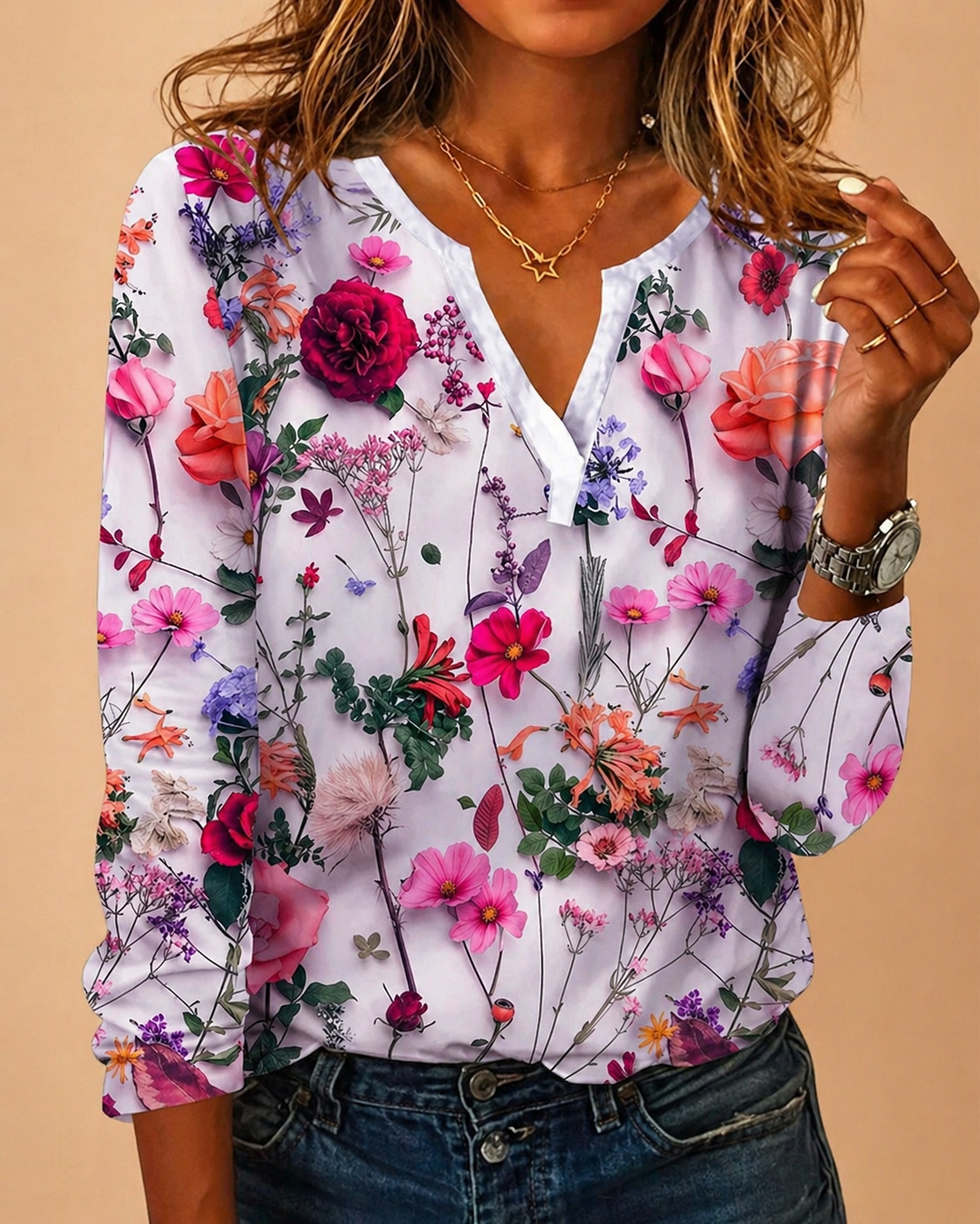 Blusa Floreale Donna — Scollo a V Maniche Lunghe Ariosa