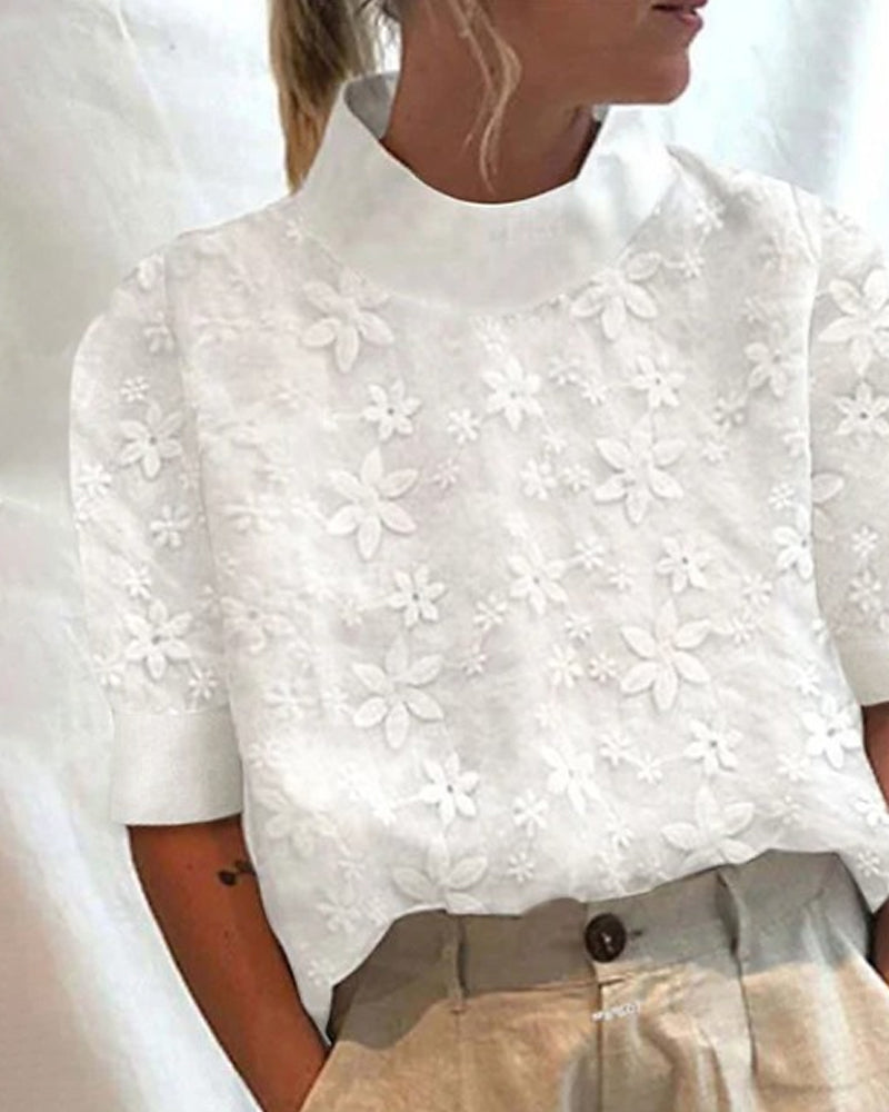 Top Elegante con Colletto Rialzato e Ricami Floreali per Donna - Stile Raffinato e Versatile per Ogni Occasione 1