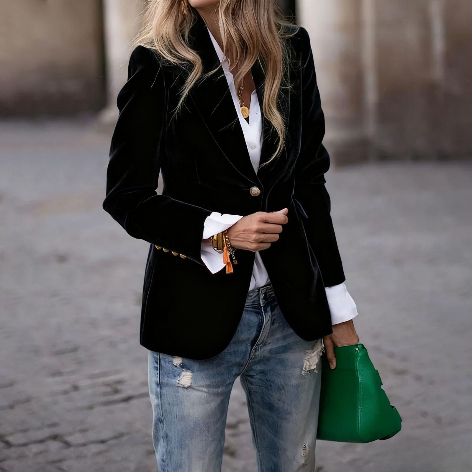 Blazer Donna Slim Fit — Stile Retrò Colletto Classico Tasche