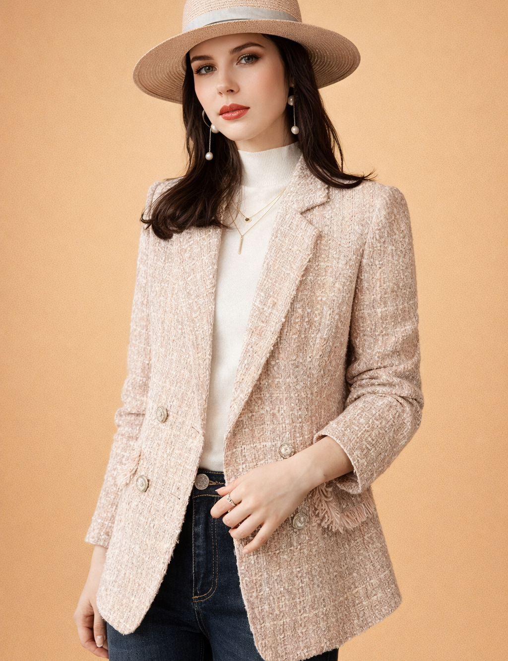 Women's Blazer — Checked Pattern Fitted Mix of Fine Fabrics