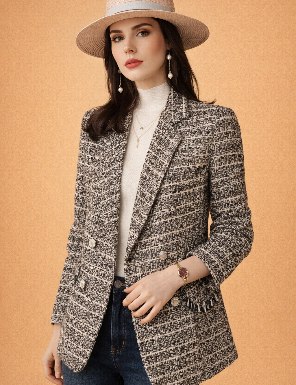 Blazer Donna — Motivo Quadri Aderente Mix Tessuti Pregiati