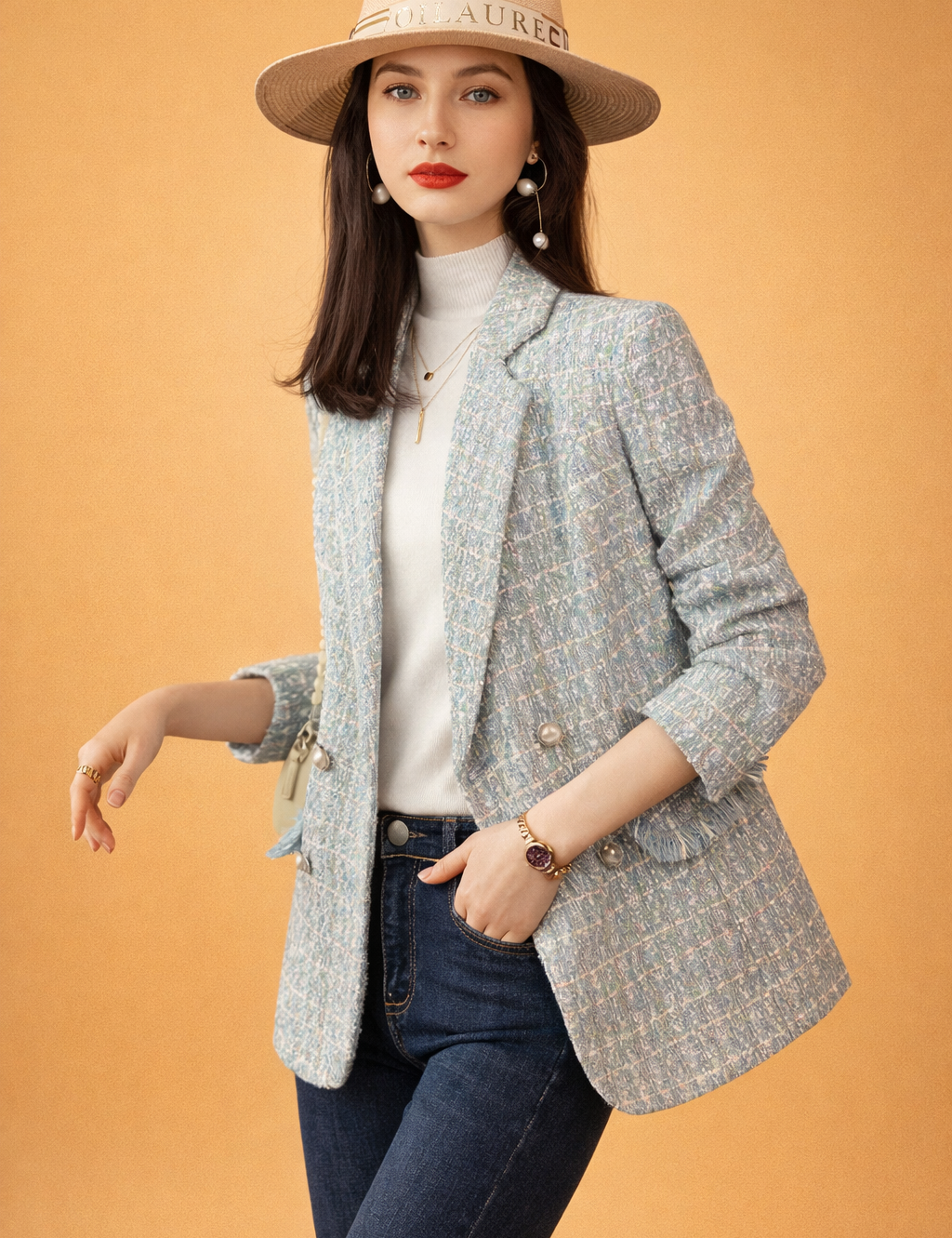 Women's Blazer — Checked Pattern Fitted Mix of Fine Fabrics