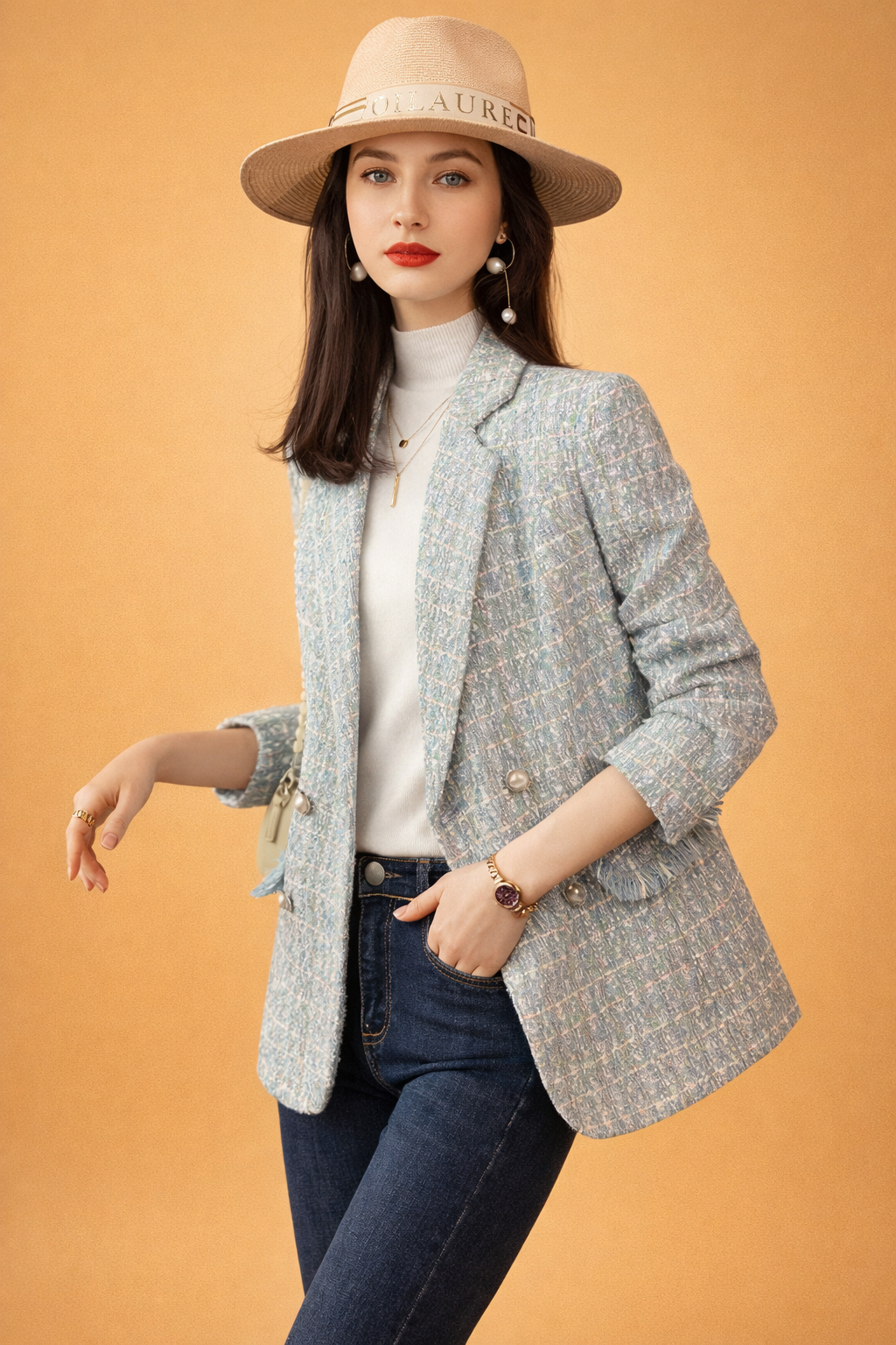 Women's Blazer — Checked Pattern Fitted Mix of Fine Fabrics